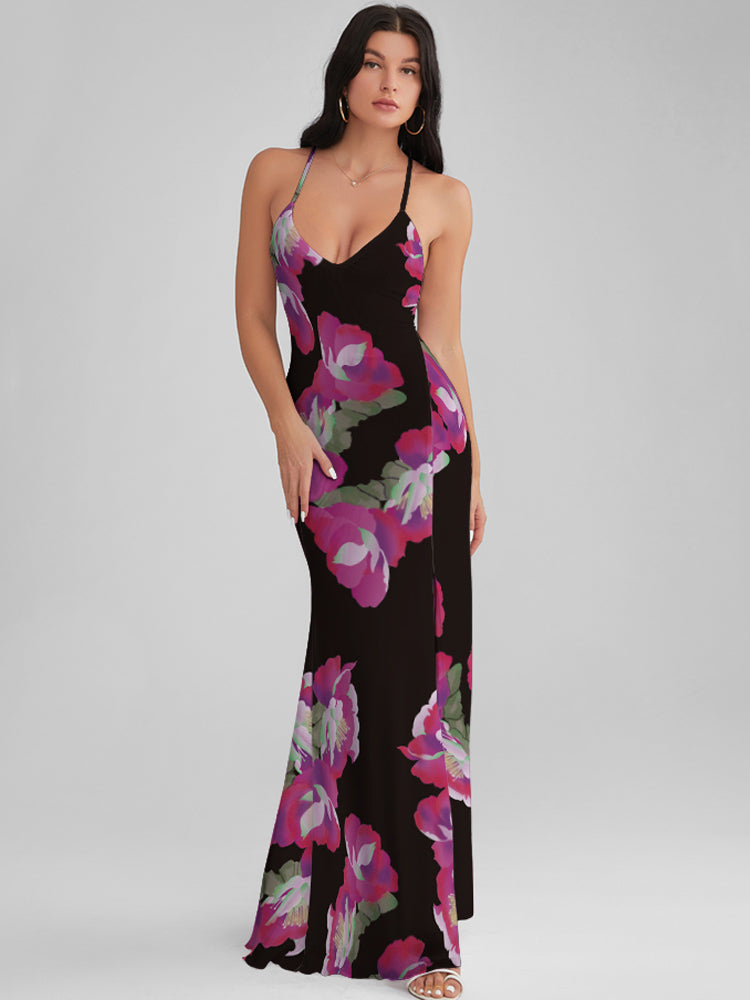 CATALINA Paeonia Print Backless Plunge Maxi Dress