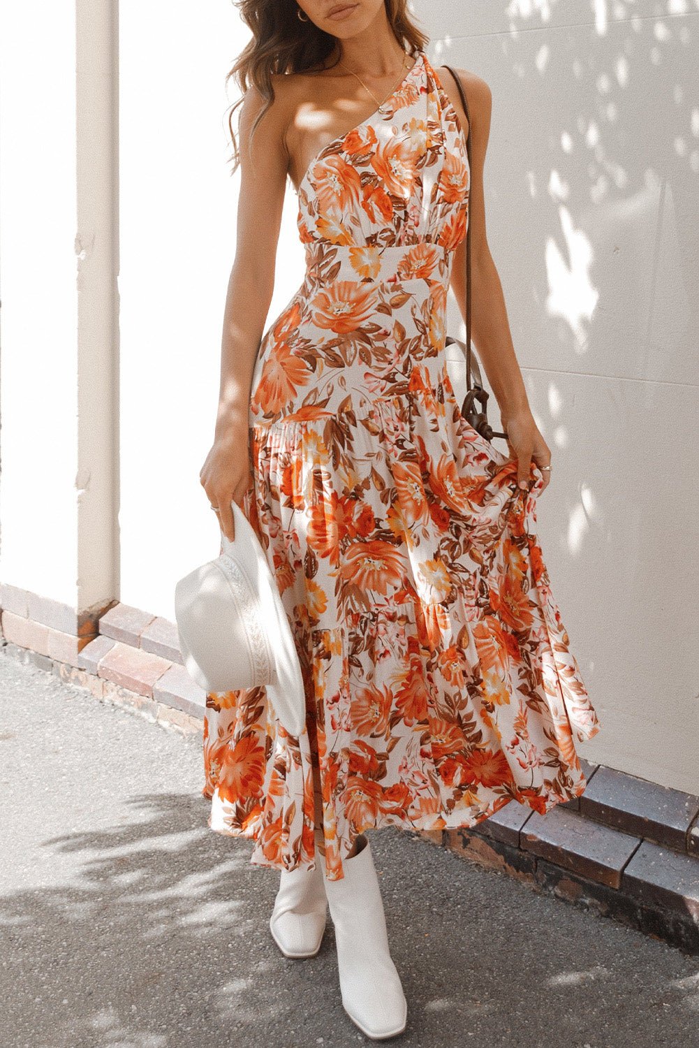 Orange Floral Pleated One Shoulder Maxi Dress