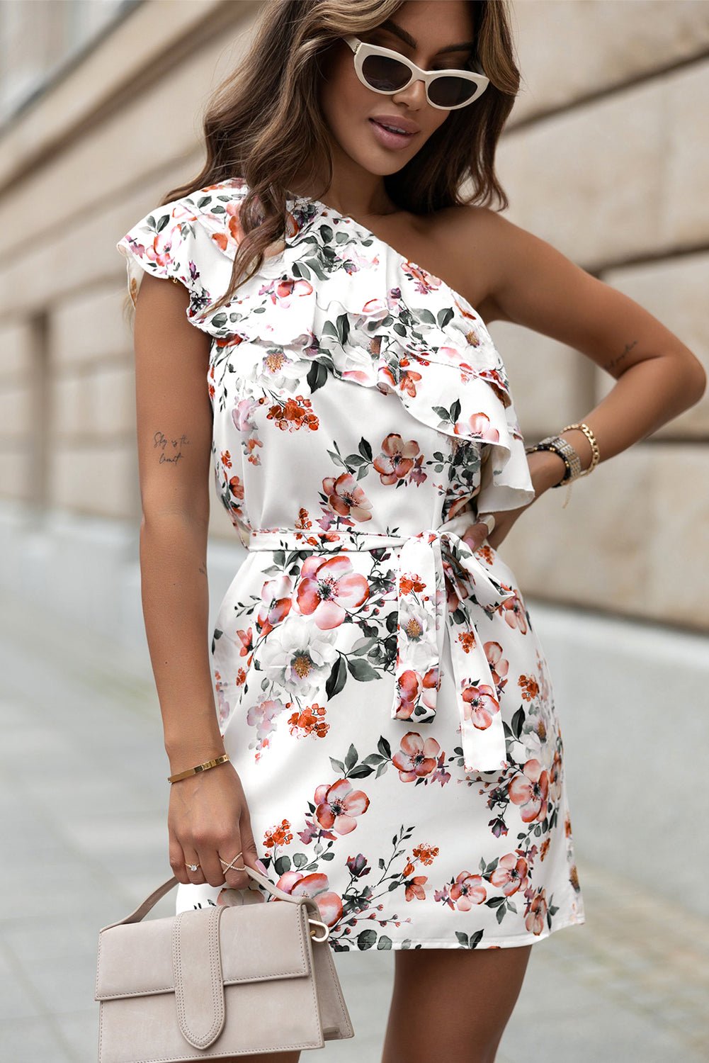 One Shoulder Tie Floral Dress