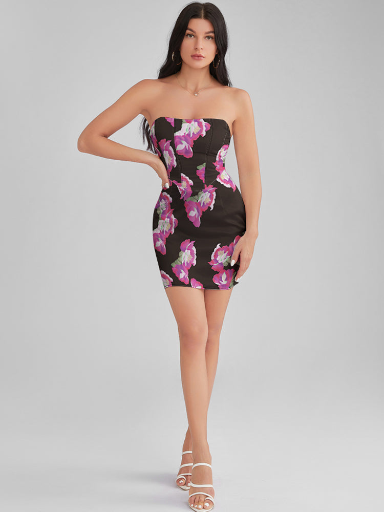 BEVERLY Paeonia Print Satin Strapless Corset Mini Dress