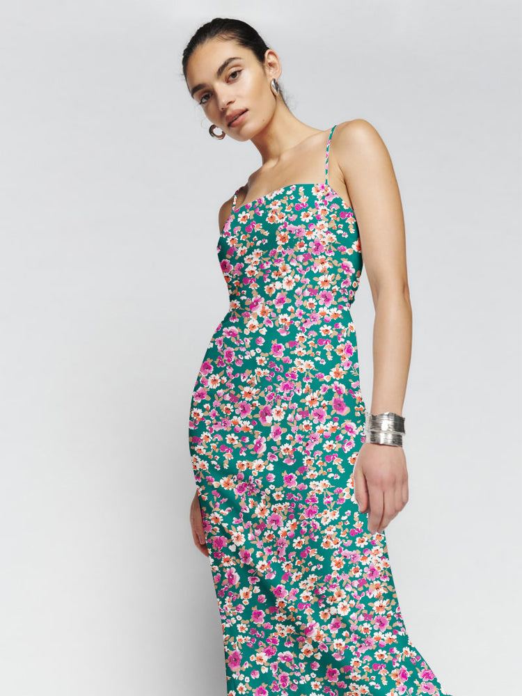 Multi floral Smocking Back Slit Maxi Dress