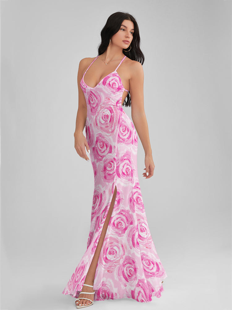 CATALINA Pastel Rose Print Backless Plunge Maxi Dress