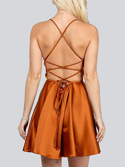 Satin Criss Cross Back Sleeveless Flared Mini Dress