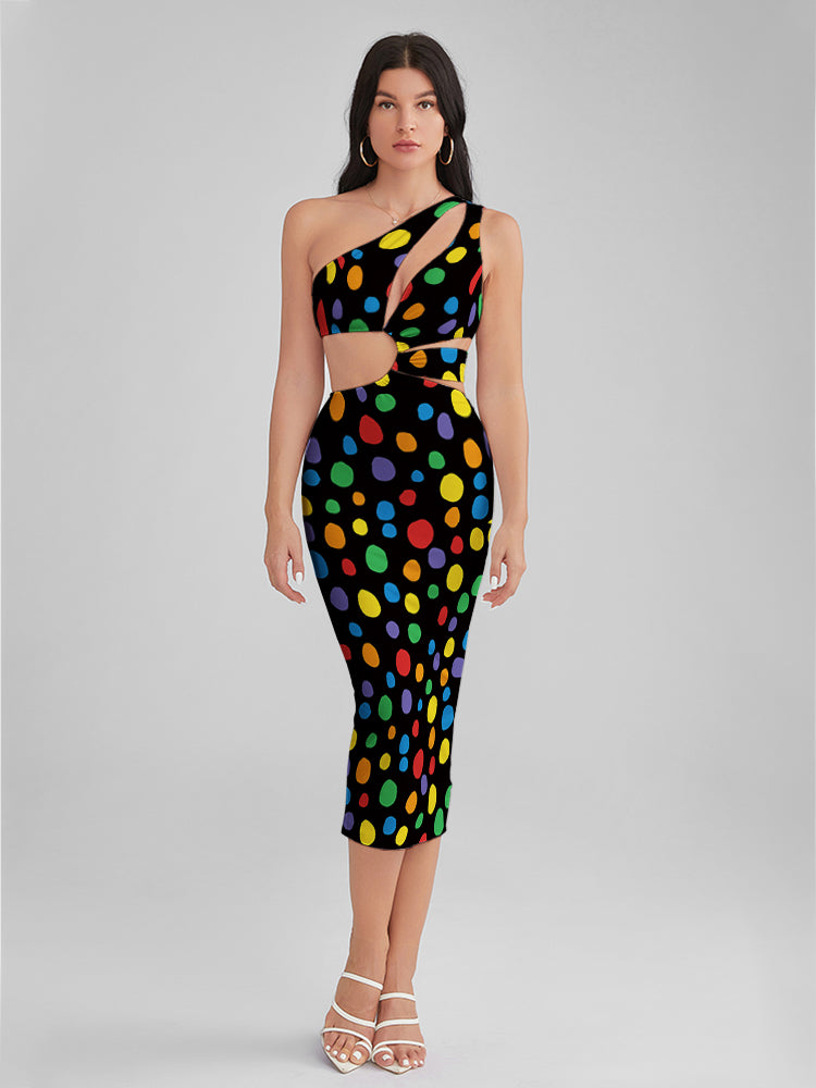 KINSLEY Painted Dots One Shoulder Cutout Midi Dress