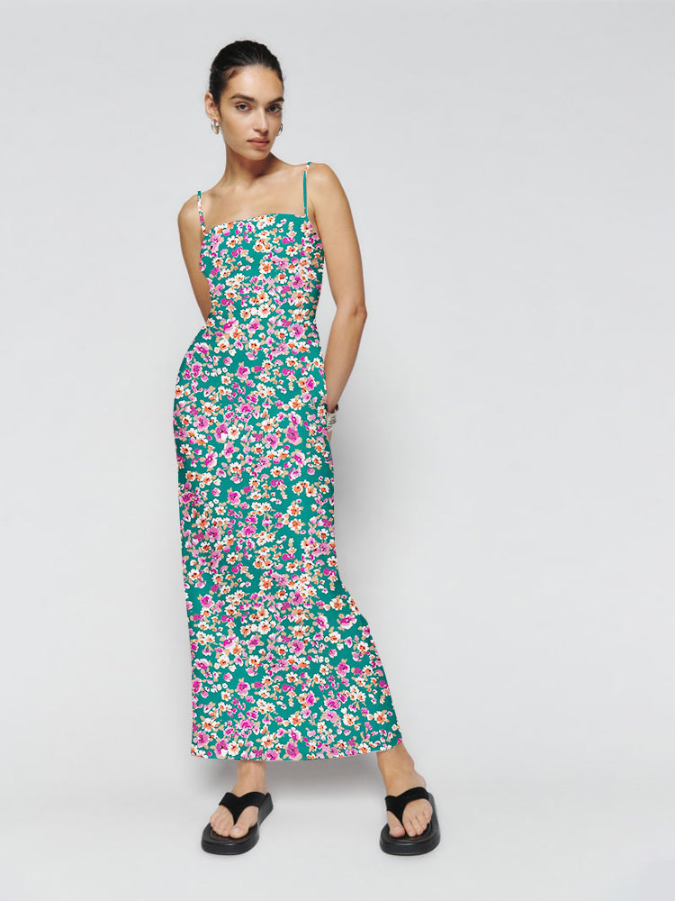 Multi floral Smocking Back Slit Maxi Dress