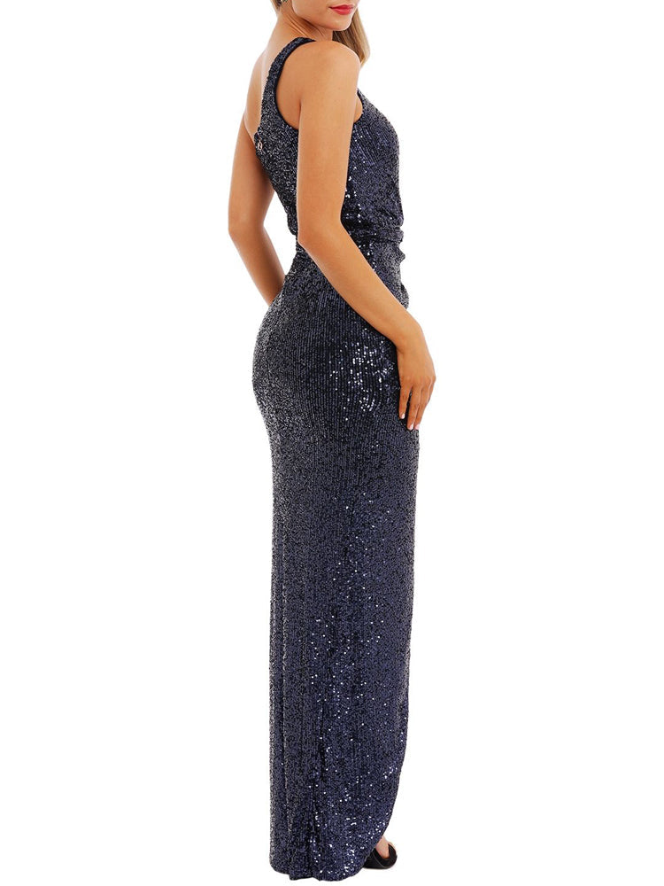 Sequin One Shoulder Side Sleeveless Slit Evening Gown