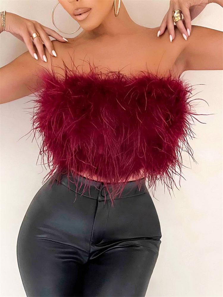 Strapless Women Feather Bandeau Crop Top