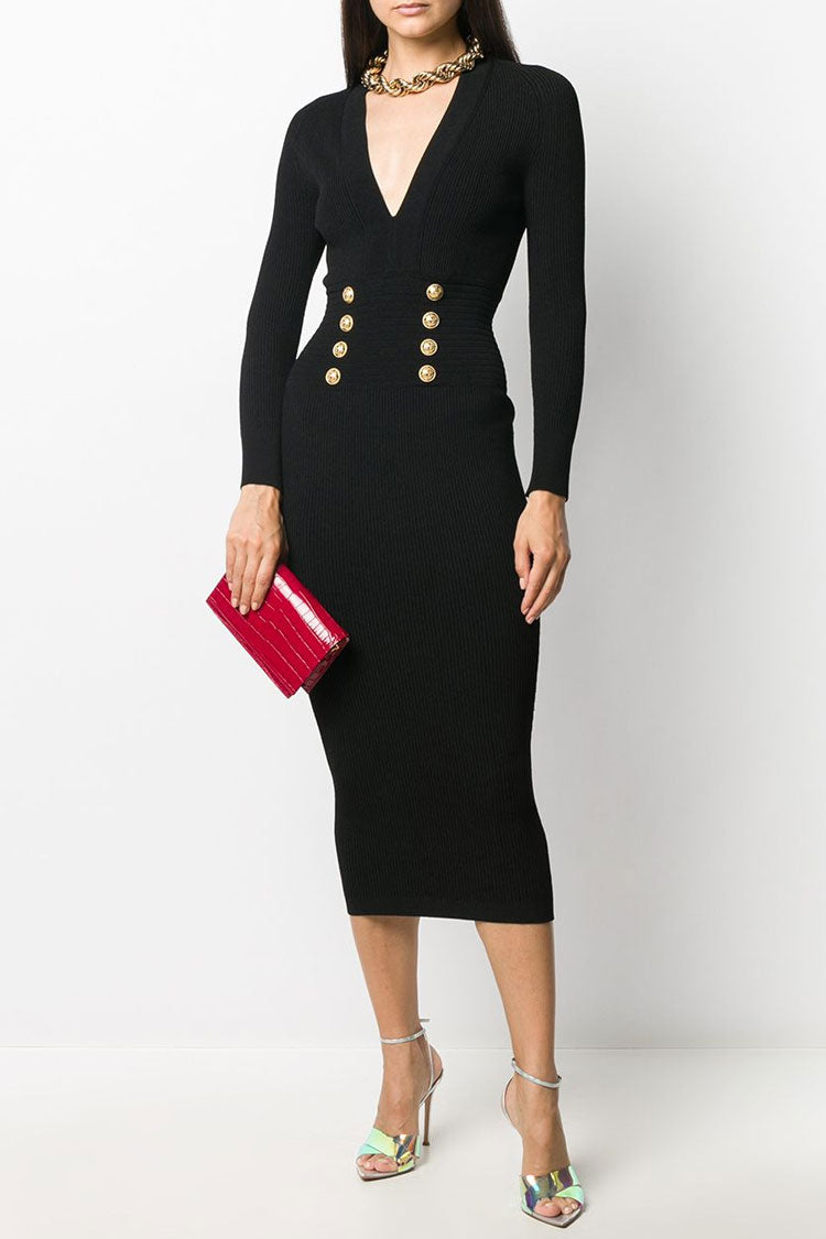 Deep V Button Trim Long Sleeve Cashmere Sweater Midi Dress - Black