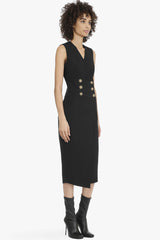 Deep V Buttoned Sheath Sleeveless Blazer Midi Dress - Black