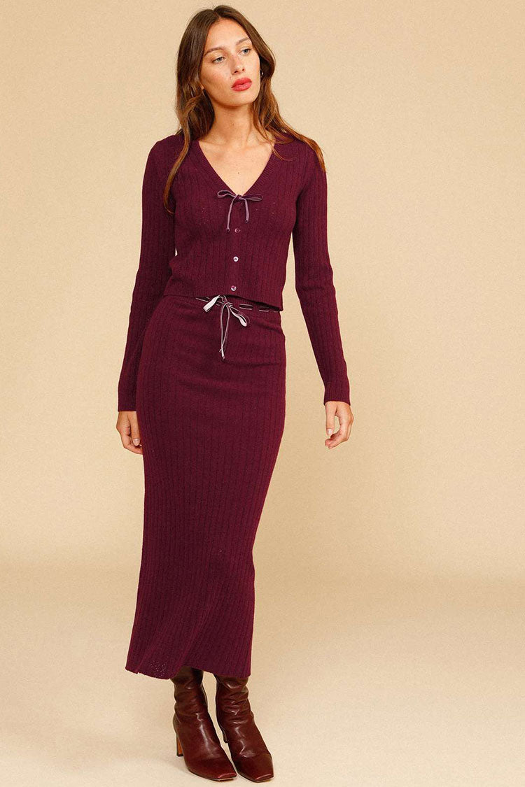 Deep V Rib Long Sleeve Winter Sweater Two Piece Dress - Burgundy