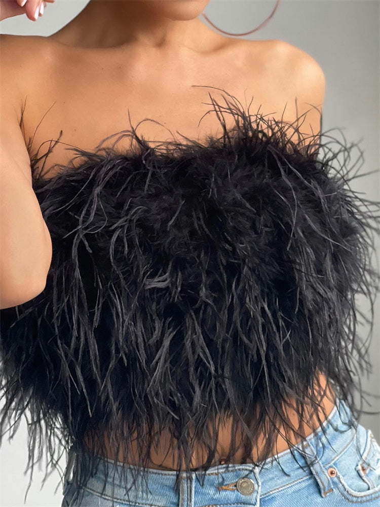 Strapless Women Feather Bandeau Crop Top