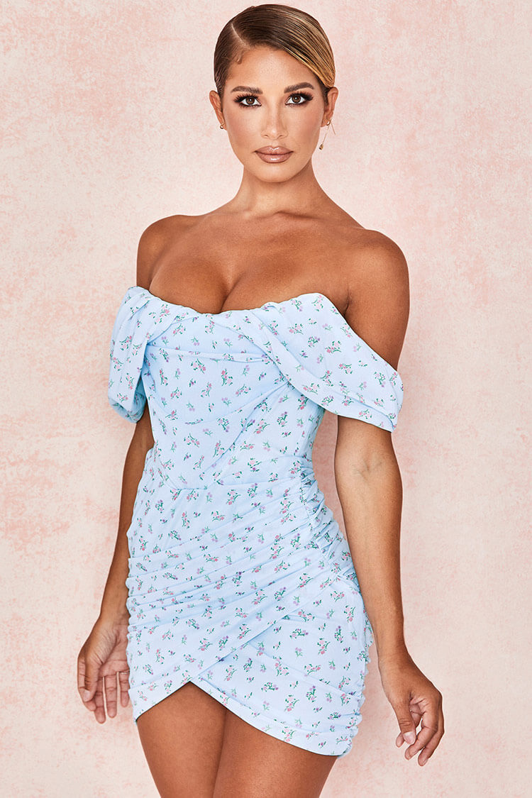 Ditsy Floral Draped Off Shoulder Mini Corset Dress - Light Blue