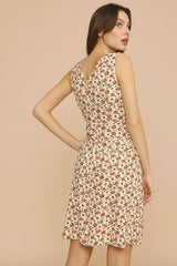 Ditsy Printed V Neck Sleeveless French Midi Sundress - Cream