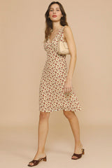 Ditsy Printed V Neck Sleeveless French Midi Sundress - Cream