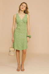 Ditsy Printed V Neck Sleeveless French Midi Sundress - Sage Green