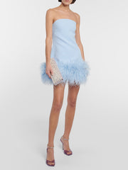 Feather-trimmed Bandeau Neck A-line Mini Dress