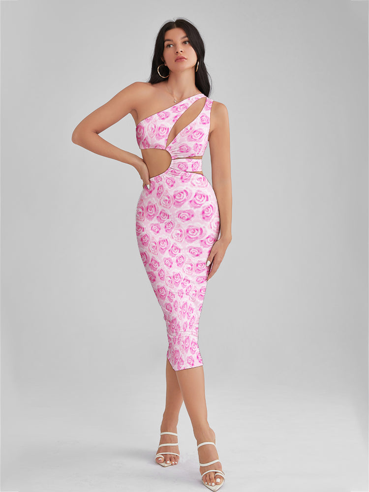 KINSLEY Pastel Rose Print One Shoulder Cutout Midi Dress