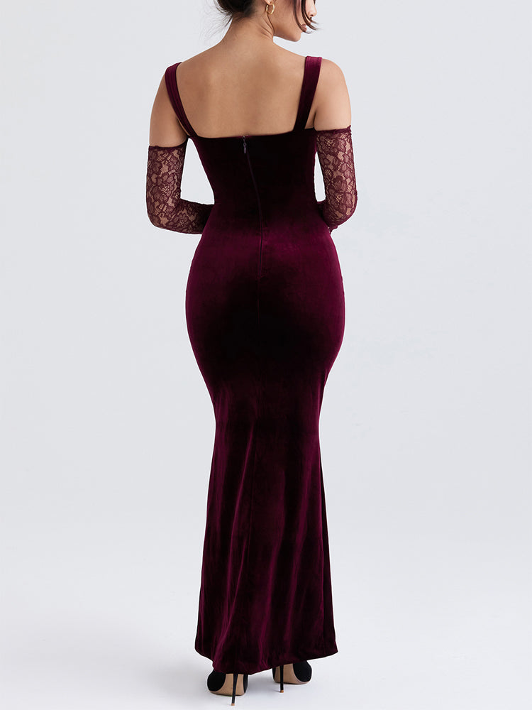 Black Cherry Velvet Lace Long Sleeve Maxi Dress