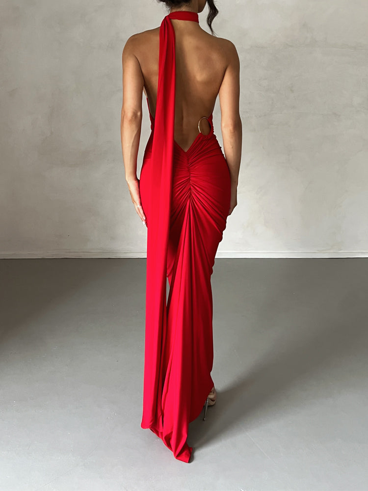 Elongated Sash Halter Sleeveless Open Back Maxi Dress