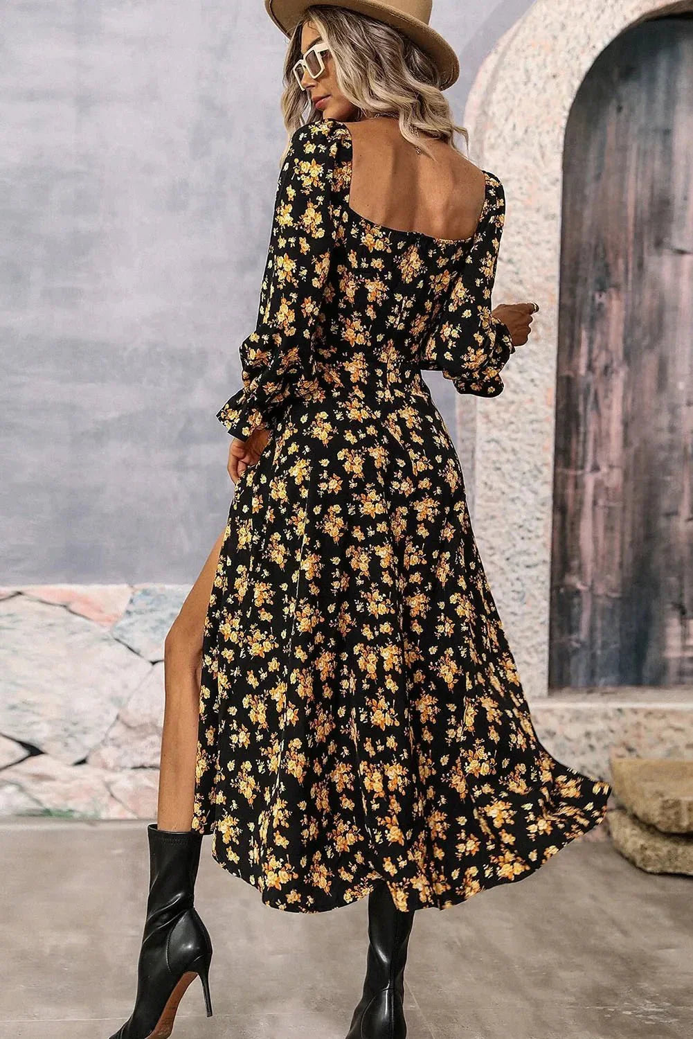 Black Floral Slit Dress