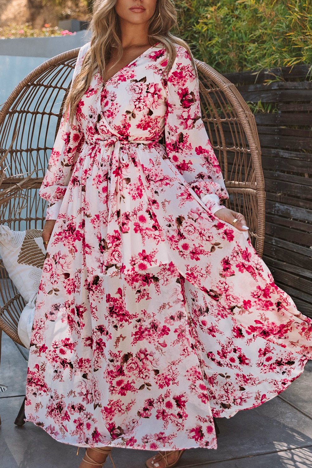 Pink Wrap V Neck Floral Maxi Dress