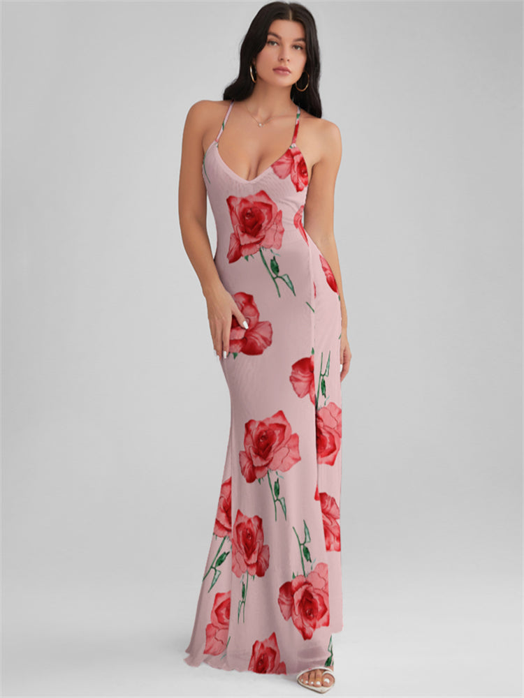 CATALINA Misty Rose Print Backless Plunge Maxi Dress