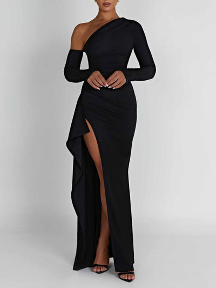 Asymmetric One Shoulder High Slit Drape Maxi Dress