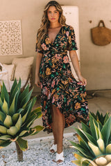 Floral Wrapped V Neck Maxi Dress