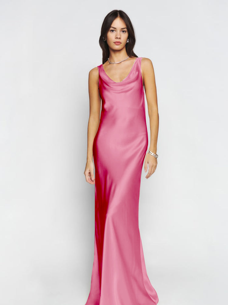 Scooped Cowl Neck Sleeveless Silk Dress