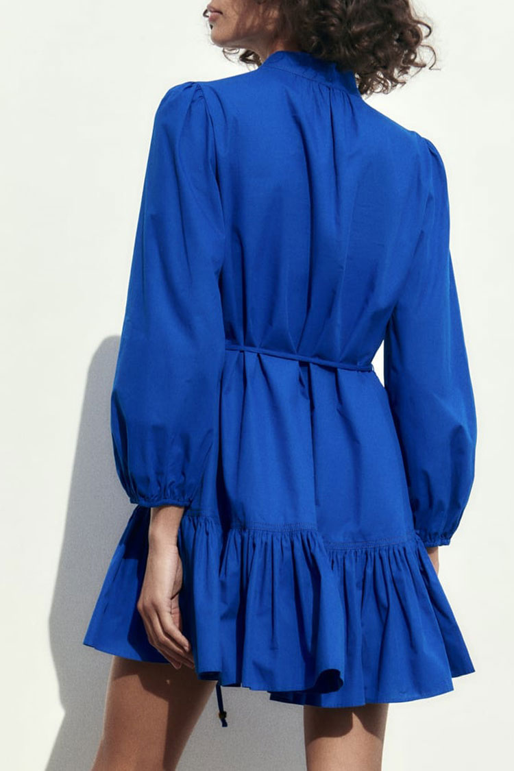 Elegant Button Down Bishop Sleeve A line Ruffle Shirt Mini Dress - Royal Blue