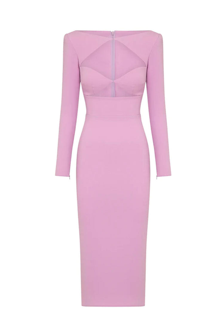 Elegant Long Sleeve Cutout Bandage Cocktail Midi Dress - Pink