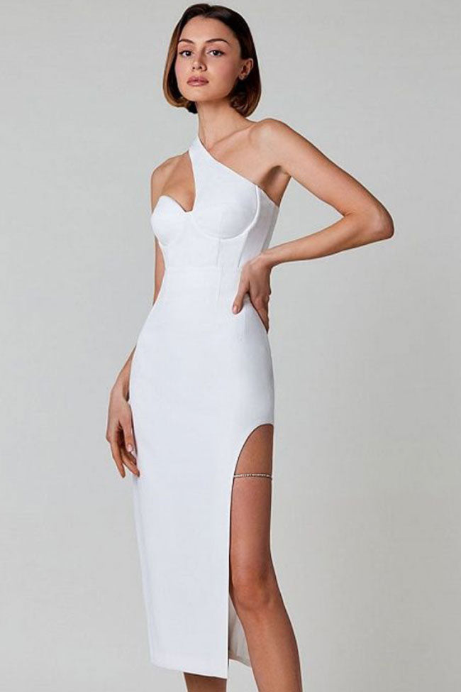 Elegant One Shoulder Rhinestone High Split Cocktail Party Midi Dress - White