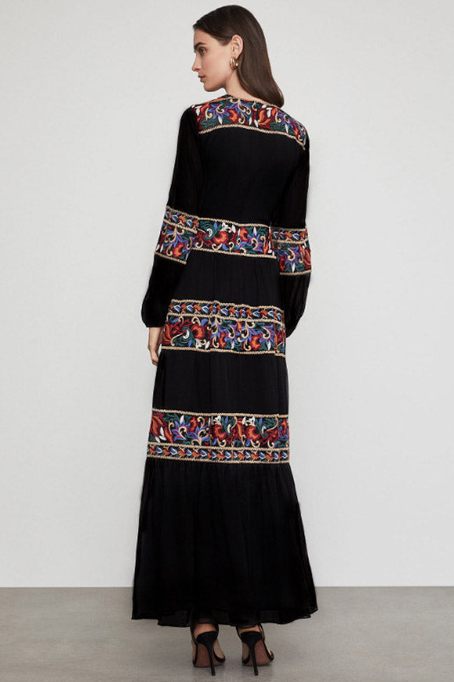 Embroidered V Neck Long Sleeve Boho Chic Maxi Dress - Black