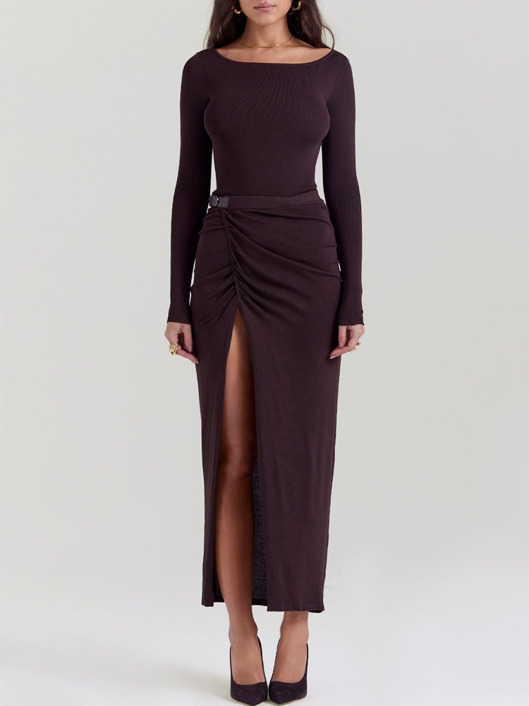 Knit Long Sleeve High Split Open Back Maxi Dress