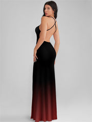 CATALINA Black Gradient Print Backless Plunge Maxi Dress