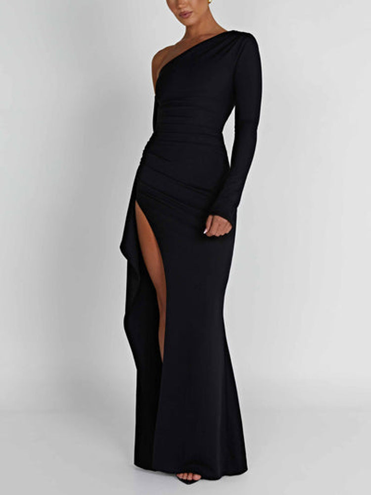 Asymmetric One Shoulder High Slit Drape Maxi Dress