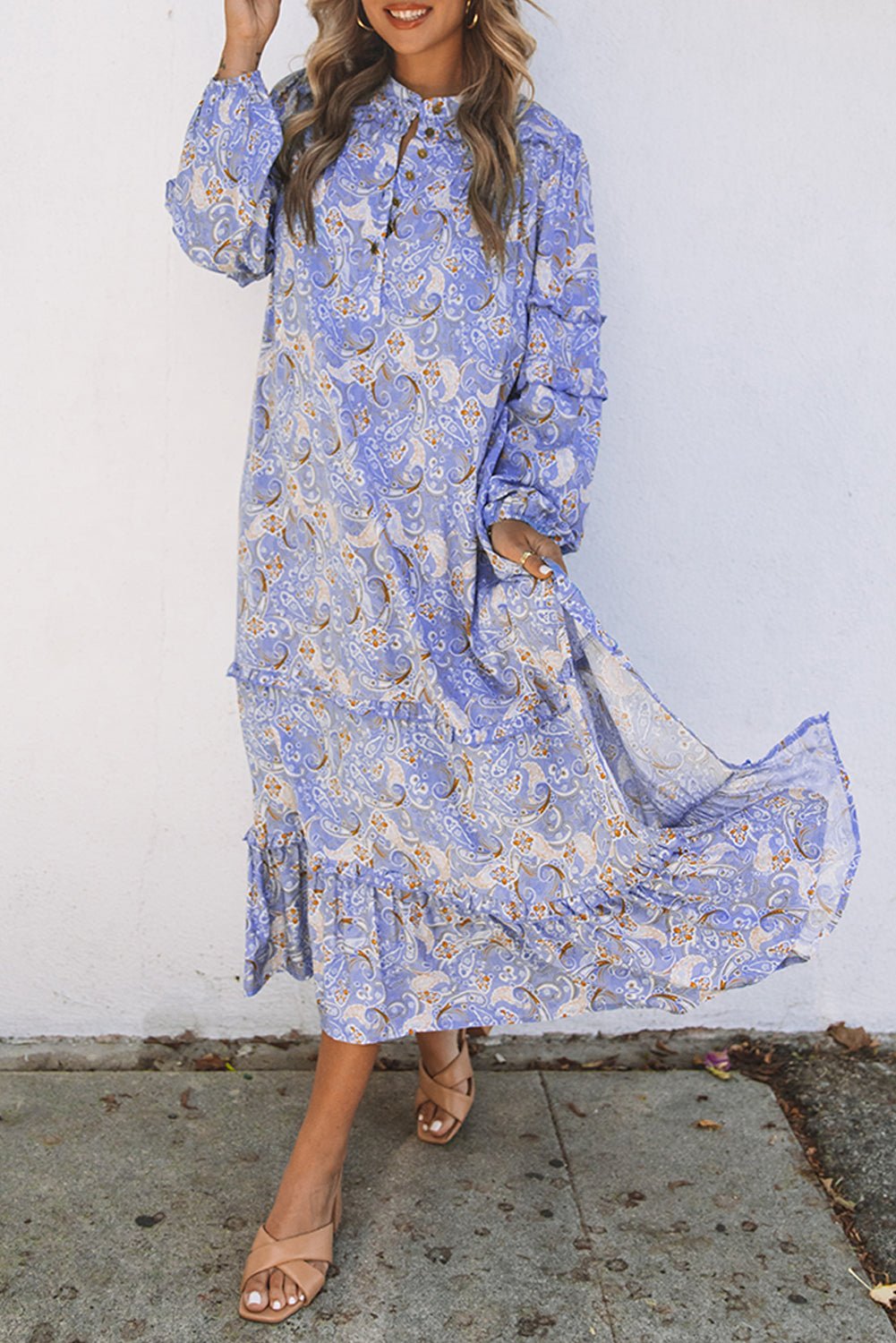 Purple Ruffled Bubble Sleeves Kaftan Paisley Maxi Dress