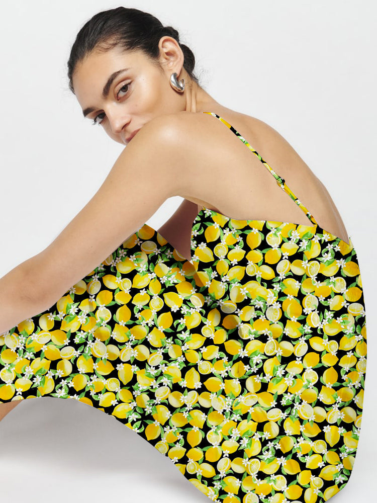 Lemon Print Smocking Back Slit Maxi Dress