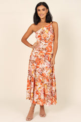 Orange Floral Pleated One Shoulder Maxi Dress