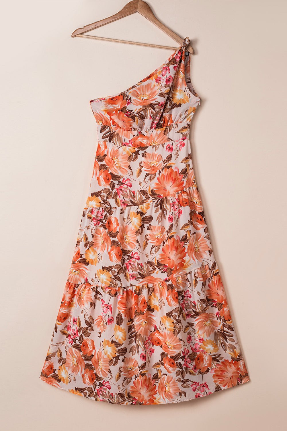 Orange Floral Pleated One Shoulder Maxi Dress