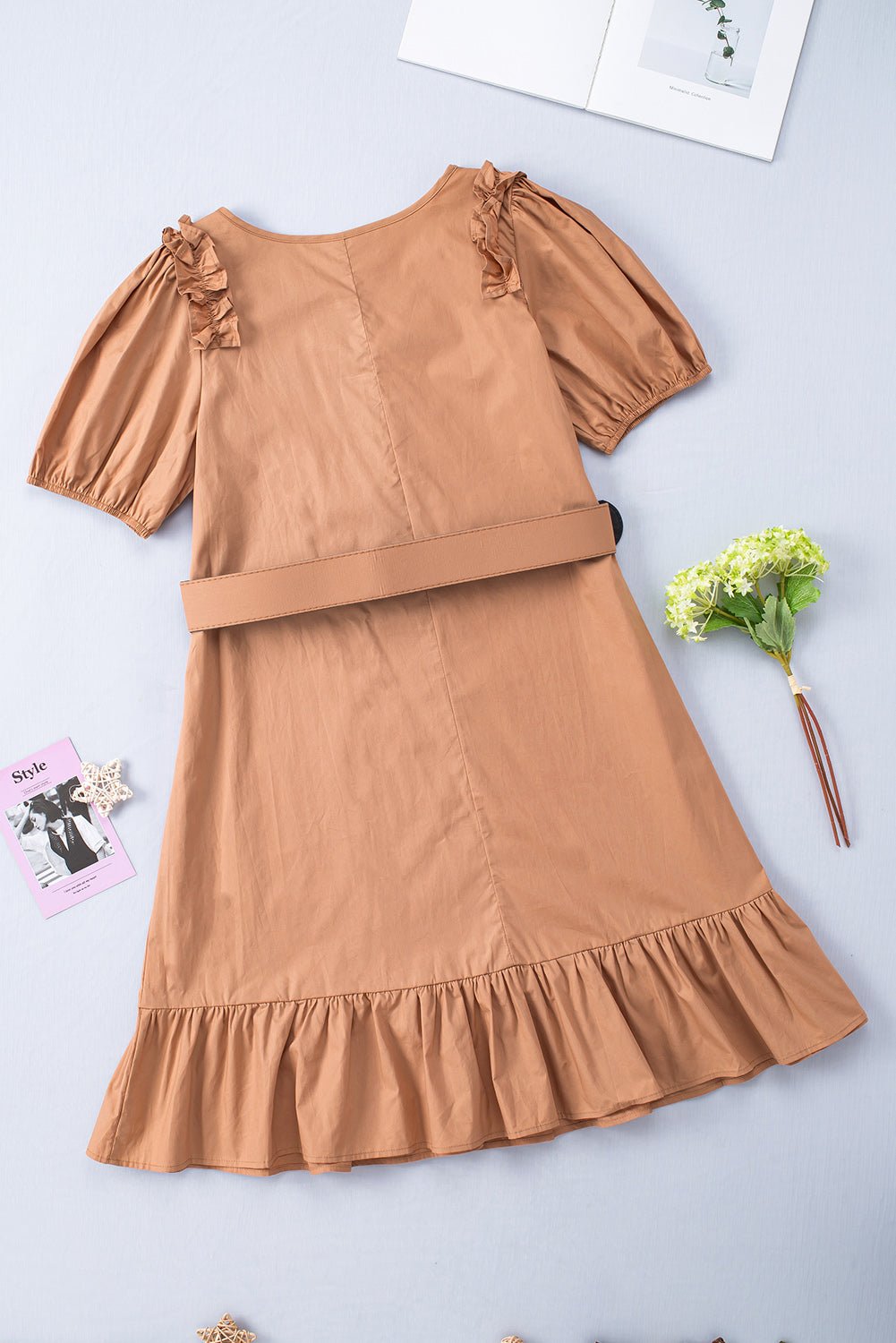 Brown V-Neck Ruffle Buttoned Midi Dress