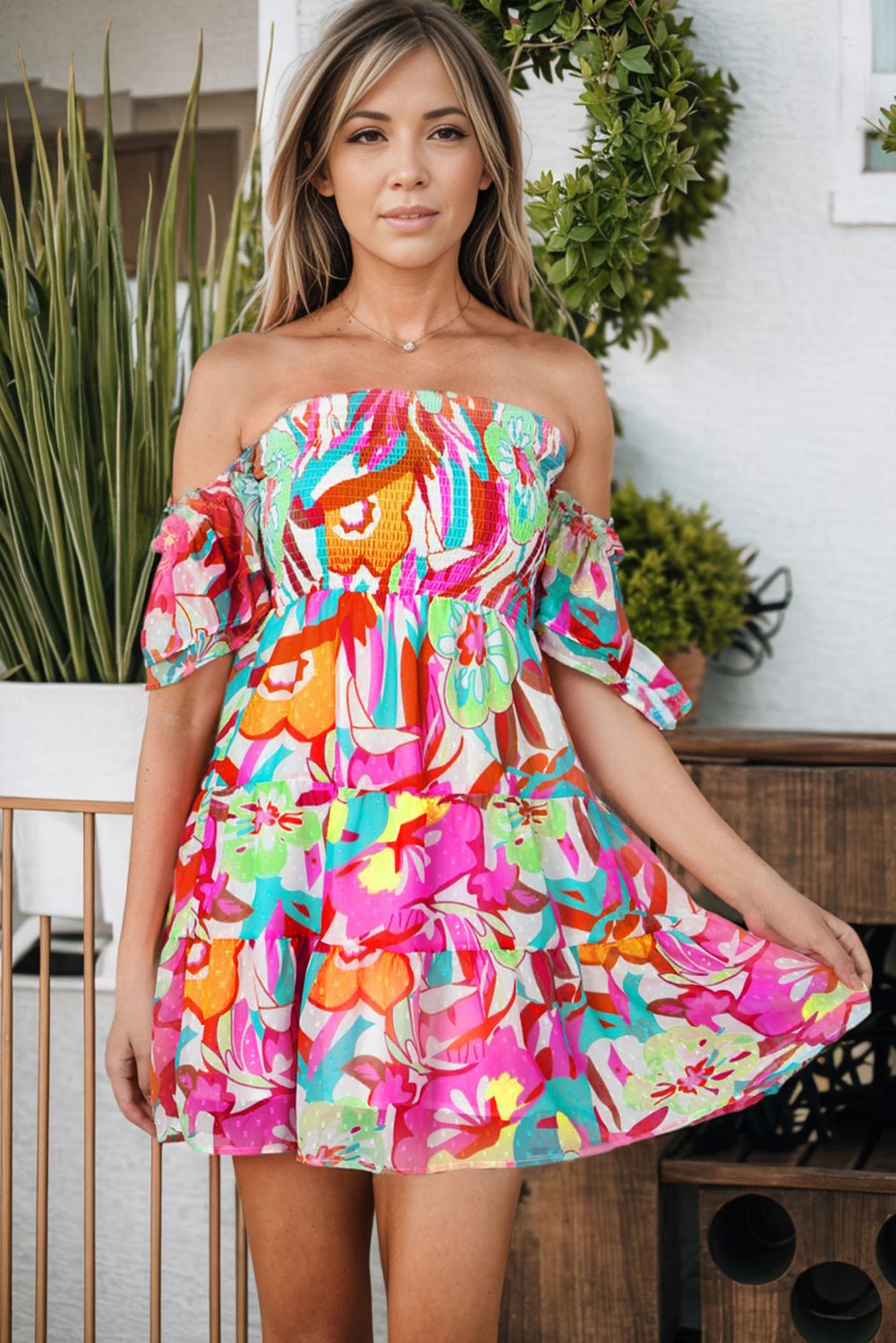 Boho Off-shoulder Smocked Floral Dress