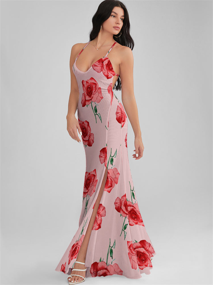 CATALINA Misty Rose Print Backless Plunge Maxi Dress