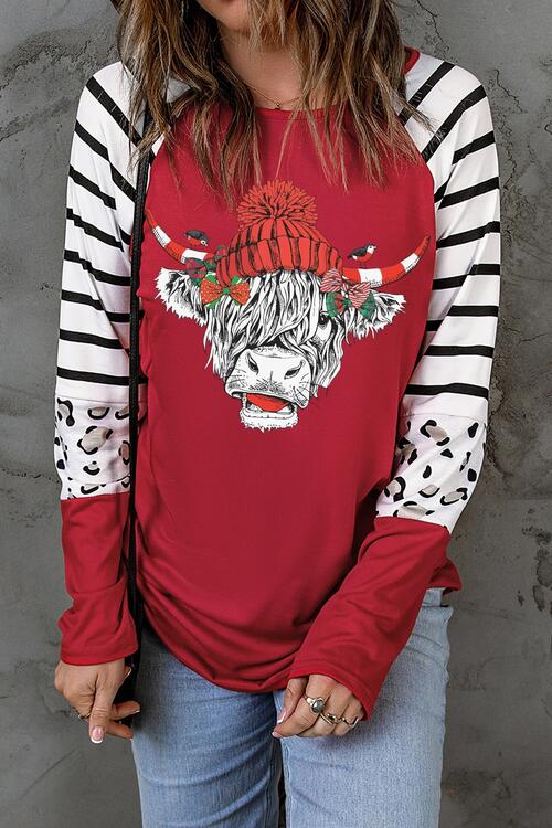 Bull Christmas Graphic Striped Women T-Shirt