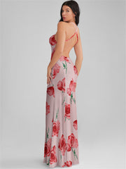 CATALINA Misty Rose Print Backless Plunge Maxi Dress