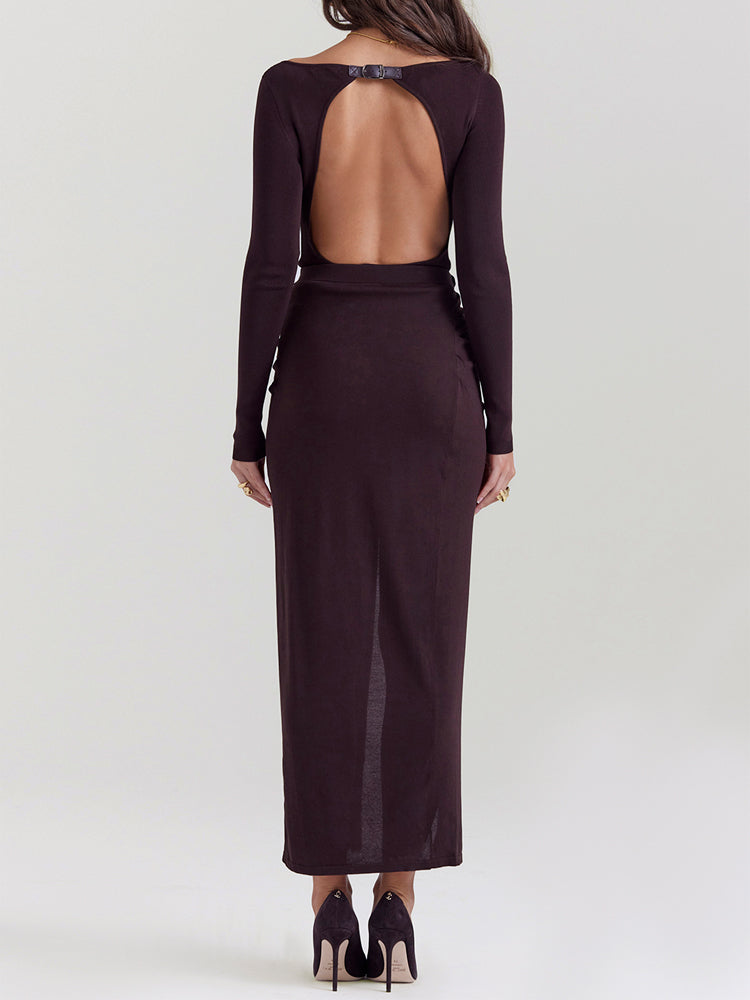 Knit Long Sleeve High Split Open Back Maxi Dress