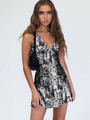 Abstract Art Printed V Neck Satin Mini Dress