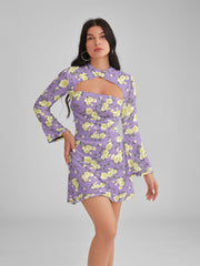 Emily In Paris Pattern Purple Floral Crew Neck Cutout Mini Dress