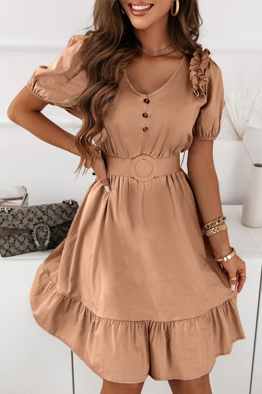 Brown V-Neck Ruffle Buttoned Midi Dress