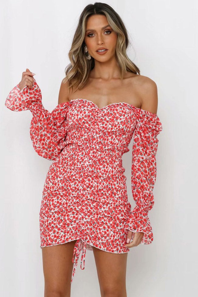 Floral Off Sleeve Ruched Bodycon Smocked Mini Dress - Red